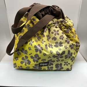 Thirty-One Thermal Drawstring Lunch Bag Yellow Brown Floral Leopard Print Tote